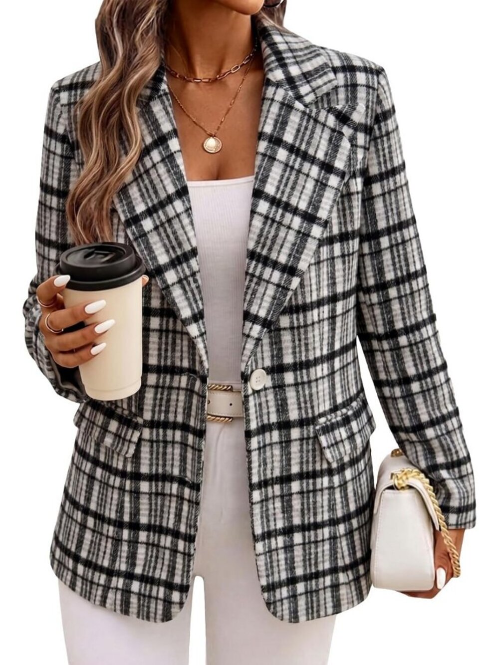 Chic Women's Flannel Plaid Blazer Jacket for Fall - Business Casual Style